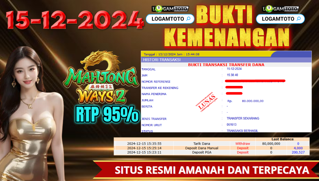 SELAMAT KEPADA MEMBER SETIA LOGAMTOTO BERHASIL JACKPOT DI PERMAINAN SLOT MAHJONG WAYS 2